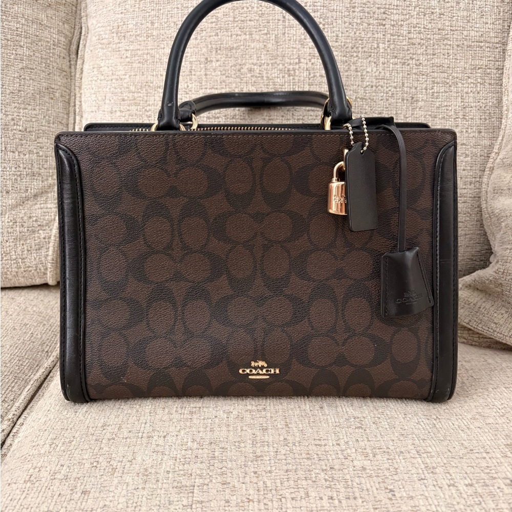 Coach Brown Signature Canvas Satchel with Black Trim and Gold Hardware